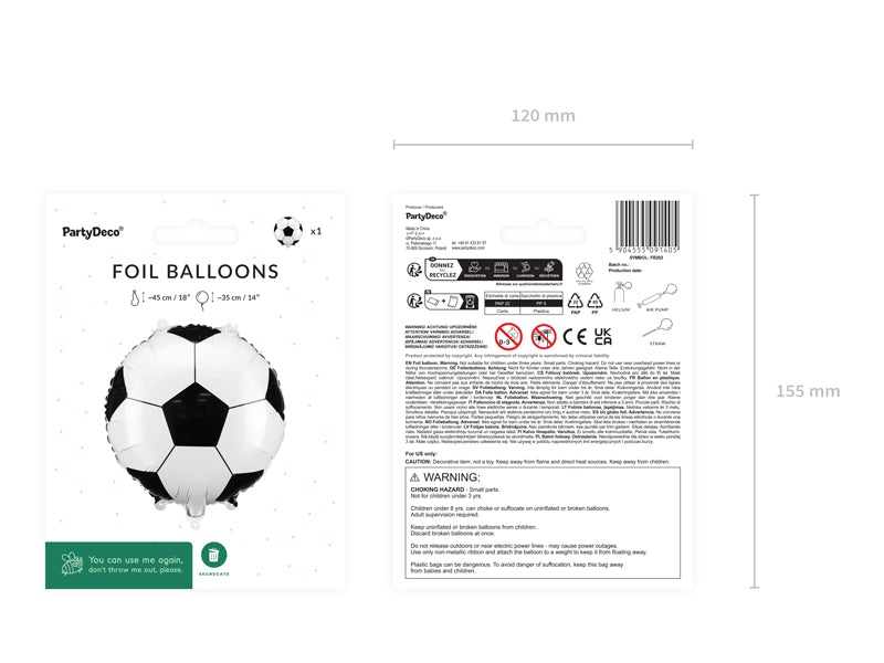 Folija balons Futbola bumba, 35x35 cm, dažādas krāsas (Foil Balloon Soccer Ball, mix)