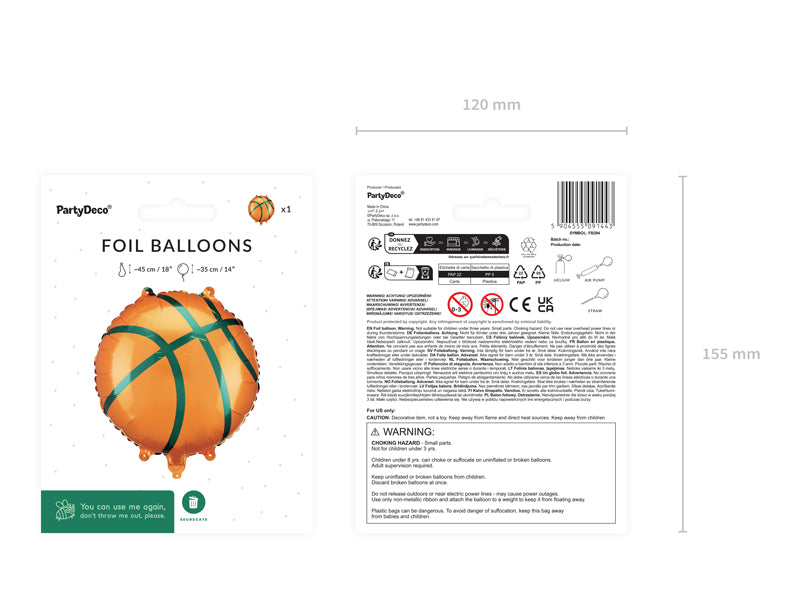 Folija balons Basketbols, 35x35 cm, dažādas krāsas (Foil Balloon Basketball, mix)
