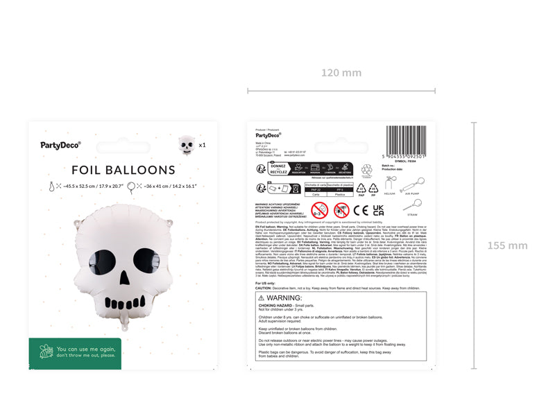 Folija balons Skull, 36x41 cm, dažādas krāsas (Foil Balloon Skull, mix)