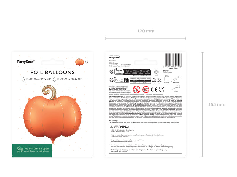 Folija balons Pumpkin, 62x59 cm, dažādas krāsas (Foil Balloon Pumpkin, mix)