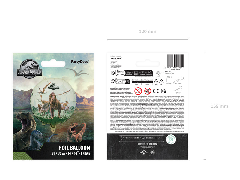 Folija balons Apaļš Jurassic World, 35x35 cm, dažādas krāsas (Foil balloon round Jurassic World, mix)