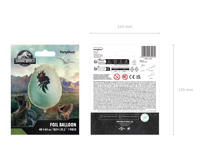 Folija balons Jurassic World Dinosaur Egg, 48x64 cm, dažādas krāsas (Foil balloon Jurassic World Dinosaur Egg, mix)