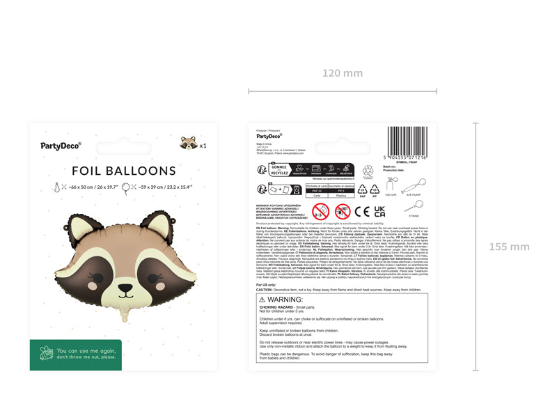Folija balons Jenots, 59x39 cm, dažādas krāsas (Foil balloon Raccoon, mix)