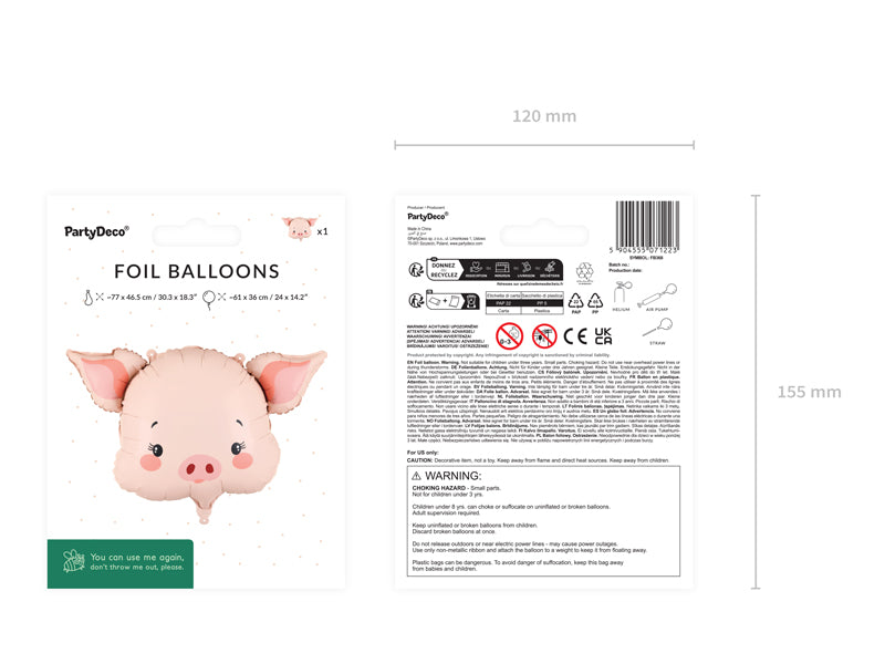 Folija balons Cūka, 61x36 cm, dažādas krāsas (Foil balloon Pig, mix)