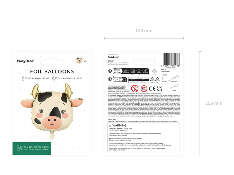 Folija balons Govs, 57x47 cm, dažādas krāsas (Foil balloon Cow, mix)