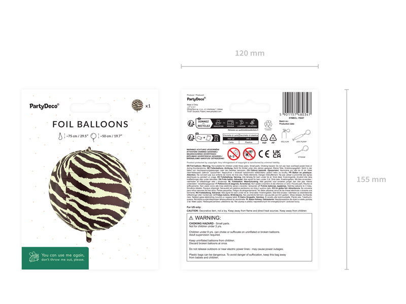 Folija balons Zebra Stripes Bumba, 75 cm, dažādas krāsas (Foil balloon Zebra Stripes Ball, mix)