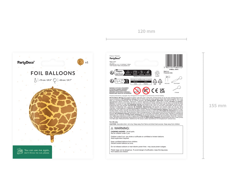 Folija balons Giraffe Spots Bumba, 75 cm, dažādas krāsas (Foil balloon Giraffe Spots Ball, mix)