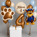 Ķepu Patruļas hēlija balonu kompozīcija ar personalizētu Bubble balonu un ciparu